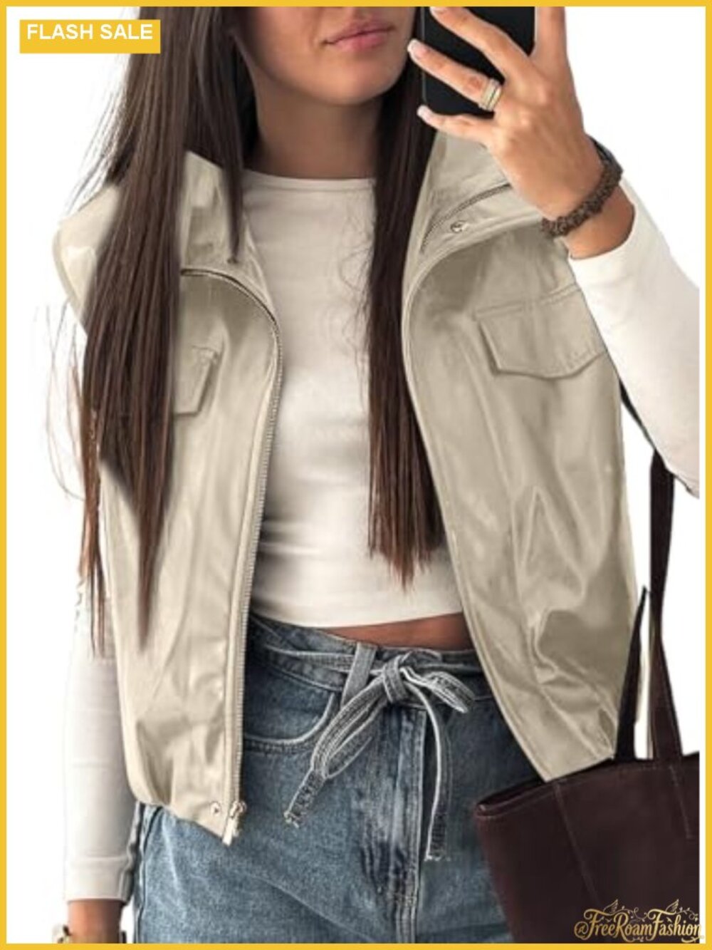 Faux Leather Sleeveless Moto Vest Zip Up Jacket Fall Winter Layering